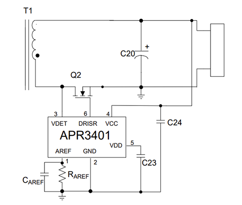 Applikations-Schaltungsdiagramm - Diodes Incorporated APR3401 Synchrongleichrichtungs-Controller